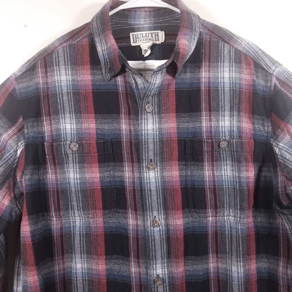 Duluth Trading Shirt Mens Large Free Swingin' Flannel Red Gray Plaid